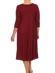 Plus Size Casual 3/4 Sleeves Basic A-Line Pleated Solid Midi Dress  Wedding - Burgundy - View 4