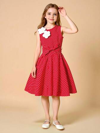 Tween Girl Casual Midi Dress With Polka Dot Print & 3D Flower Decor, Sleeveless, Belted Waist, Elegant & Vintage Style For Daily Casual, Spring/Summer