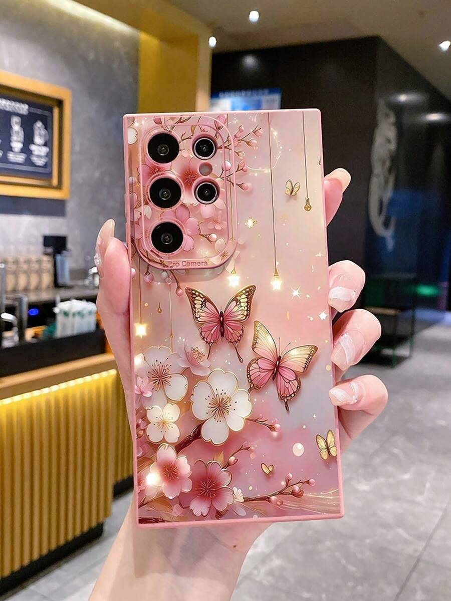 1 件蝴蝶花朵图案防震手机壳，适用于三星/Galaxy/Infinix/Redmi/OPPO/VIVO/Realme Android 型号 - 粉色 - 查看 1