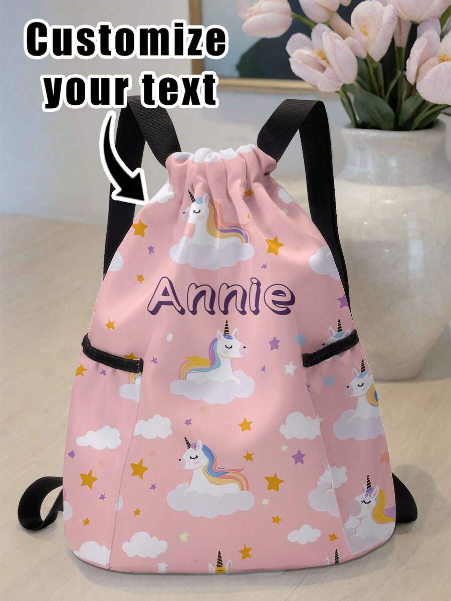 1pc Customized Name Cartoon Pattern Drawstring Backpack With Pockets, Personalized Design, Back To School Gift, Suitable For Kids, Boys, Girls, Print Your Own Name Or Sister And Classmate's Name As A Gift - Multicolor - View 1