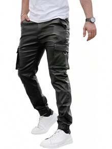 Mens Cargo Pants Joggers Leather Pants For Men Slim Fit-2025 - 黑色 - 查看 6