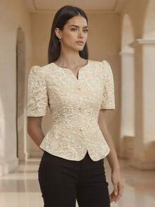 Myenjoylife Modern Filipiniana Ladies' Elegant Temperament Jacquard Bubble Sleeves Short Sleeved Cardigan