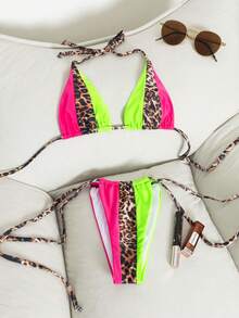 Bộ bikini 2 mảnh họa tiết da báo neon - Áo tam giác có dây đeo điều chỉnh được và quần cạp cao buộc dây bên hông | Đồ bơi nữ phù hợp cho các bữa tiệc bãi biển và hồ bơi - Nhiều màu - Xem 3