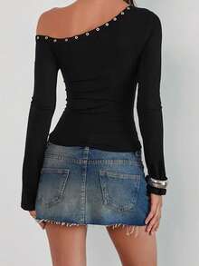 Women's Off One Shoulder Tops Fashionable Solid Color Long Sleeve Slim Fit Shirts - 黑色 - 查看 7