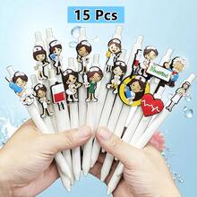 15/10/5 chiếc bút bi chủ đề y tá có thể thu vào - PVC trắng, tay cầm mềm, mực đen, thiết kế y tế vui nhộn (ống nghe, hình trái tim, mũ y tá) - Quà tặng lý tưởng cho y tá và sinh viên y khoa, phụ kiện làm việc cho y tá - Nhiều màu - Xem 8