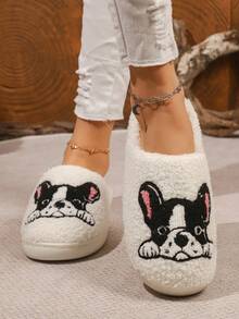 Adorables chaussons de maison à motif de chien brodé, chaussons mous et confortables avec semelle antidérapante, convenant pour l'hiver