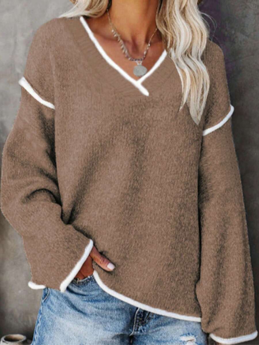 Plus Size Colorblock V-Neck Loose Knit Pullover Sweater - Brown - View 1
