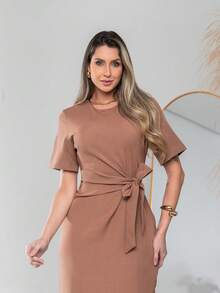 Long Dress With Short Sleeves With Belt Formal And Evening V775 - Marrón Mocha - Ver 3