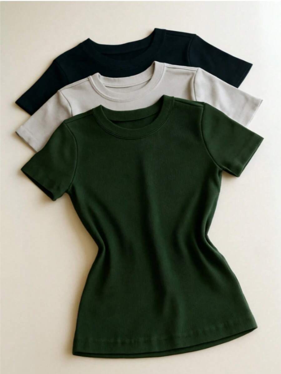 3 Piece Kit Women's Short Sleeve T-Shirt Blouse Plain Ribbed Fabric Cotton Long Basic - 黑色+灰色+軍綠色 - 查看 1
