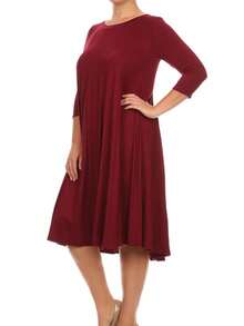 Plus Size Casual 3/4 Sleeves Basic A-Line Pleated Solid Midi Dress  Wedding - Burgundy - View 2