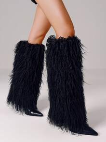 Bốt cao đến đầu gối bằng lông cho phụ nữ, bốt cao gót nhọn dành cho phụ nữ, bốt nửa đầu bằng lông, bốt dài mùa đông, bốt lông xù - màu đen - Xem 7