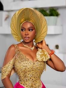 Nigerian Headwear Aso Oke Headband, Women's Wrapped Rhinestone, African Headscarf Hat, Auto Gele Headband, Handmade Fashionable Headwear, Suitable For Weddings, Parties, And Other Festivals - Multicolor - View 5