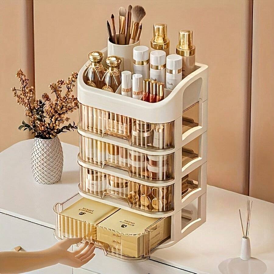 3-5 Layer Expandable Plastic Cosmetic Storage Box - Plug-In Installation Cosmetic Storage Display Cabinet With Multiple Compartments For Storing Brushes, Lipstick, Skincare Products - Fragrance Free - Milk Tea Color 5 Layers - View 1