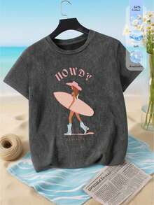 Summer New Style Summer Tops For Women, Plus Size, Snow-Washed Cotton Round Neck Short-Sleeved T-Shirt, Denim Hot Girl Surfing Pattern Print, Sweet And Gentle Temperament, Plus Size Summer Tops, Graphic Tees, Women's Summer Outfits For Women - Black - View 1
