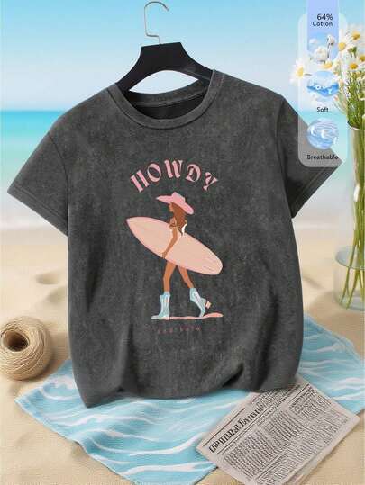 Summer New Style Summer Tops For Women, Plus Size, Snow-Washed Cotton Round Neck Short-Sleeved T-Shirt, Denim Hot Girl Surfing Pattern Print, Sweet And Gentle Temperament, Plus Size Summer Tops, Graphic Tees, Women's Summer Outfits For Women