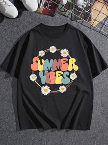 Camiseta gráfica retro de verano para mujer, elegante camiseta de manga corta con cuello redondo y estampado de margaritas, top informal de corte relajado, perfecta para vacaciones y uso diario. - Negro - Ver 3