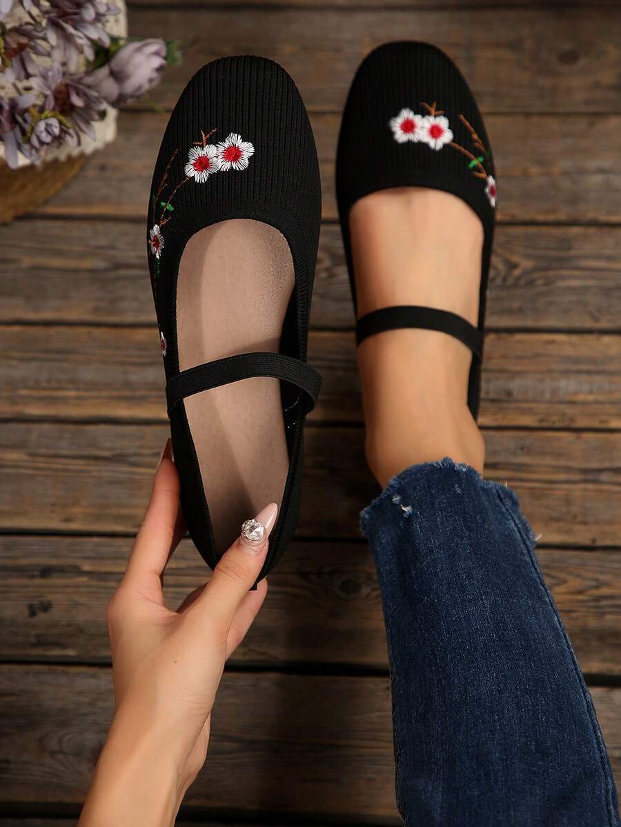 Zapatos planos de mujer para otoño/invierno con suela suave, punta cuadrada, banda elástica y bloques de color, aptos para uso interior y exterior - Bordado negro - Ver 1