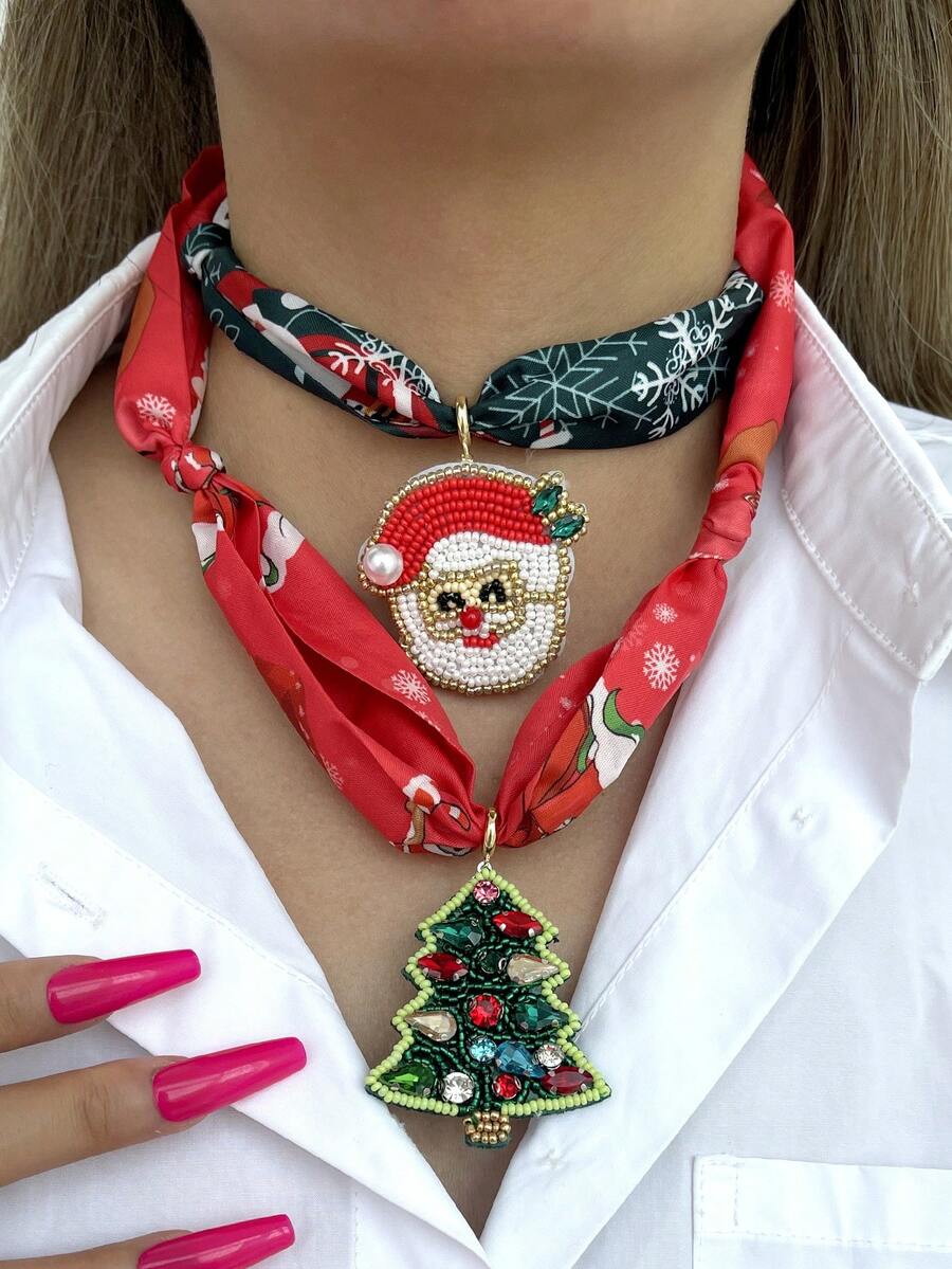 1pc Creative And Unique Santa Claus Christmas Tree Rhinestone Pearl Faux Pearl Pendant Fabric Printed Ribbon Necklace For Women, For Wearing At Festive Parties, Daily Family Gatherings, And Other Occasions, A Festive And Fashionable Piece Of Women's Jewelry.(Rhinestones In Random Color Arrangement) - Colorful - View 1