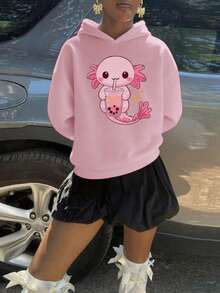 1 pezzo Felpa casual e carina con stampa grafica per ragazze pre-adolescenti, colore rosa, foderata termicamente, adatta per autunno/inverno, abbigliamento esterno per studenti/giovani - Rosa - Visualizzare 7
