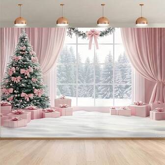 2D平面横幅，1片2D平面背景横幅，带粉色圣诞窗花图案背景装饰，甜美圣诞风格背景布，覆盖墙壁，用于摄影背景板、生日派对、户外庆典装饰、婚礼装饰、海滩、节日装饰、多功能室内外派对、多用途装饰道具