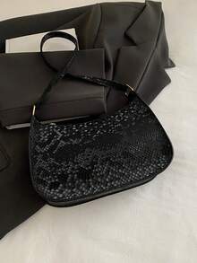 1pc Fish Scale Pattern PU Leather Zipper Closure Shoulder Bag For Women, Suitable For Everyday Use In Autumn/Winter - Black - View 8