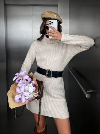 Autumn And Winter Fashion Elegant Urban Women Autumn And Winter Dresses Autumn And Winter Women's Khaki Oversized Loose Autumn And Winter Fashion Comfortable Casual Simple Home Commuter Peplum Design High Neck Long Sleeve Knitted Pullover Sweater Women's Dresses