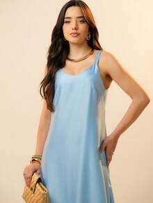 Italian Style Boat Neck Sleeveless Fitted Dress For Women - 藍色 - 查看 4
