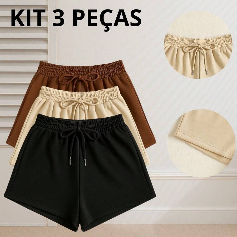 Kit 3 Shorts Shorts Women's Casual Comfortable Sweatpants - 3號套裝短褲/米色/黑色/棕色 - 查看 1