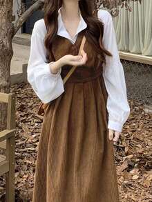 Sweet Mori Style Mid-Length A-Line Dress, V-Neck Suspender Dress Suit For Women, Autumn