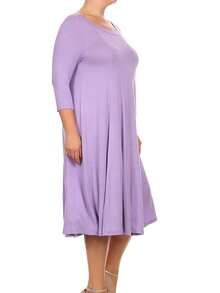 Plus Size Casual 3/4 Sleeves Basic A-Line Pleated Solid Midi Dress  Wedding - Lavender - View 3