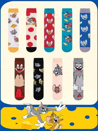 Warner Bros TOM & JERRY 1/2/4/6 Pairs Assorted Colorful Interesting Pattern Comfortable Mid-Calf Socks, Unisex, Suitable For All Seasons