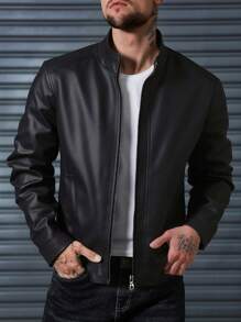 Men's Windproof Casual Stand Collar PU Leather Jacket, Autumn/Winter, Grunge