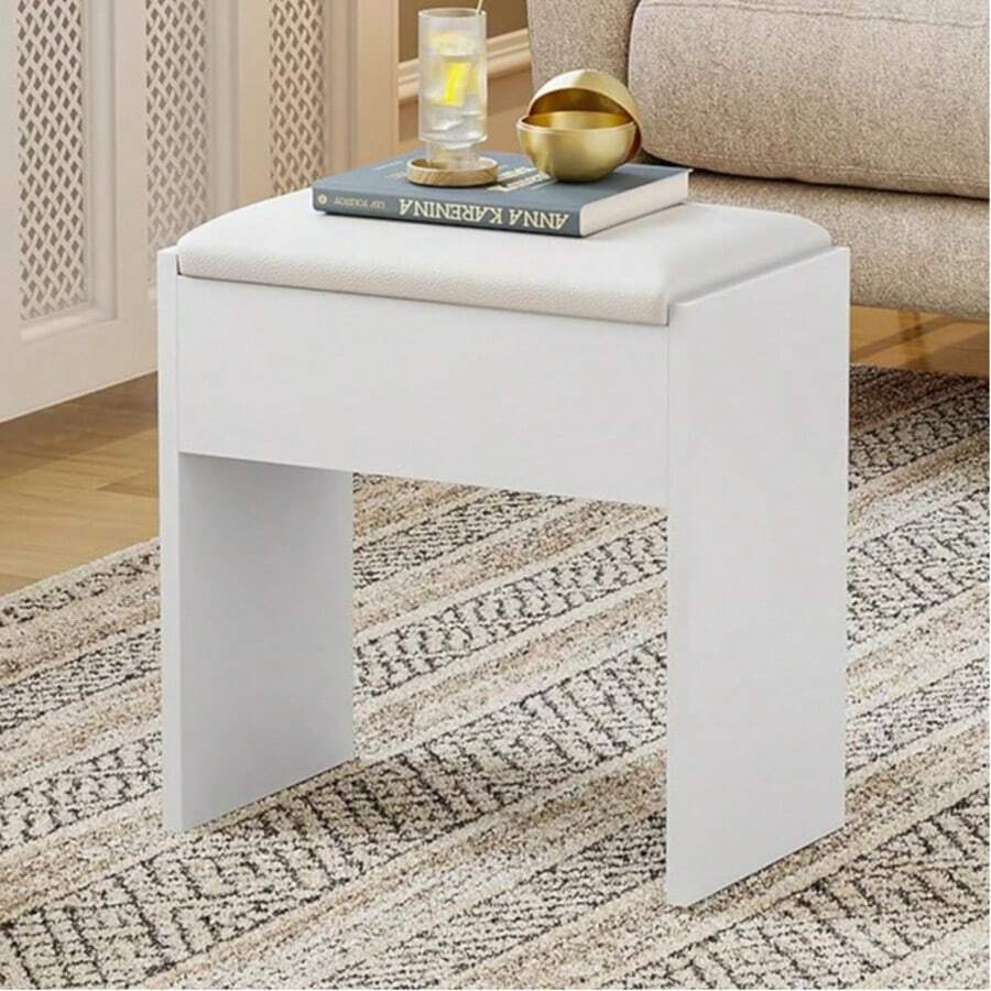 Luxstein Dressing Table Stool, Wooden Makeup Stool, Upholstered Bench, Vanity Stool For Dressing Table, Bedroom, Hallway & Living Room, 40 X 23.5 X 43 Cm, White - Trắng không có ngăn kéo - Xem 1