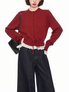 Alicedudu Damen Kontrast-Farbige Rüschen-Saum Rundhals Strickjacke, Herbst/Winter - Rot - Übersicht 5