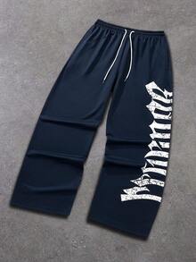 Men's Letter Print Drawstring Waist Straight Leg Long Casual Pants, Suitable For Outings, Gothic Style, Rave Parties, Back To School, Sports, Fitness, Autumn Season - 藏蓝色 - 查看 10