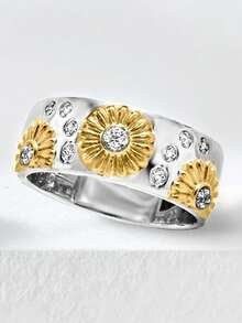 1pc Bohemian Vintage Plated Dual-Tone Sunflower Cubic Zirconia Women's Ring, Engagement Jewelry Suitable For Men And Women, Gift For Family/Friends/Lover