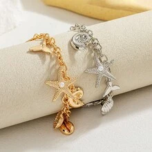 1件18K镀金不锈钢海星、贝壳、心形吊坠项链，波西米亚海滩风格，适合日常佩戴、派对、叠戴手链、母亲节礼物、圣诞节、感恩节、万圣节、婚礼首饰、周年纪念日、情人节礼物 - 款式10 - 查看 3