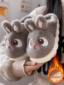 秋冬毛绒拖鞋，适合户外穿着，厚EVA鞋底，保暖防滑，室内可爱卡通兔子毛绒拖鞋 - 棕色 - 查看 3