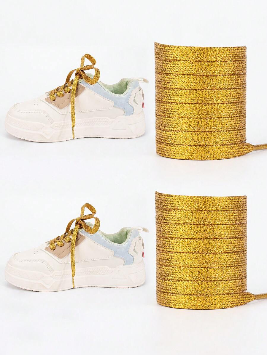 1 para - poliestrowe, dwuwarstwowe sznurowadła, odpowiednie do trampek, butów płóciennych i płaskich. Perłowe, błyszczące, płaskie sznurowadła w kolorze złota. - złoty - Zobacz 1
