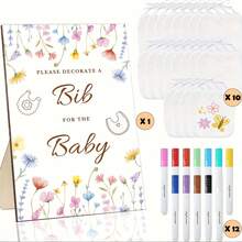 1 Se Blank Bibs Baby Shower Game Kit Ideas, Includes 1pc Wildflowers Game Sign 12pcs Marker Pens And 10/20pcs White Bibs, Suitable For Gender Reveal Baby Shower Games And Celebration Decorations
