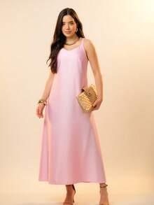 Italian Style Boat Neck Sleeveless Fitted Dress For Women - Pink - View 1