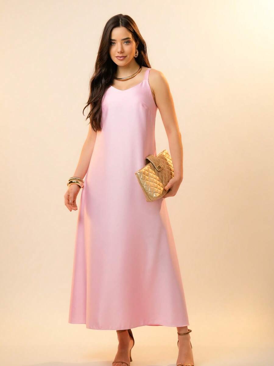 Italian Style Boat Neck Sleeveless Fitted Dress For Women - Pink - View 1