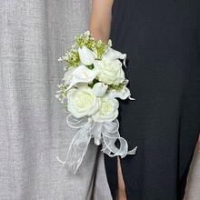 1支手持人造玫瑰花束，白色和香槟色，新娘和伴娘装饰（白色/香槟色，常规尺寸）