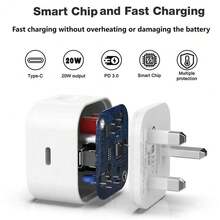 20W 快速充电适配器套装：20W 快速充电电源适配器 + 3.3 英尺/100 厘米快速充电高速数据同步线，兼容 14 Pro Max/14 Pro/14 Plus/14/13/12/11/XS/XR/8/7/6、iPad、Serieschargerphone Charger 高输出功率 - 英規插(220-240V) - 查看 4