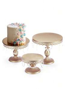 3Pcs Antique Cake Stand Set - Round Metal Cupcake Stands With Pendants And Beads - Elegant Dessert Display, For For Wedding, Birthday Party Decor - Rượu sâm banh - Xem 6
