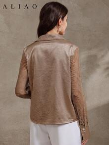 Mesh Splicing Cutout Textured Fabric Blouse For Women, Fall, Autumn, Exquisite Tops, Concert, Back To School