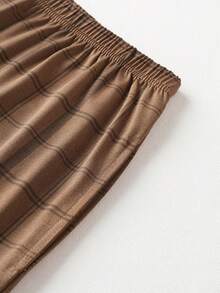 2 Stücke Herren Strick Pyjama Set, Langarm Hemd und lange Hose, kariertes Muster, lässige Loungewear