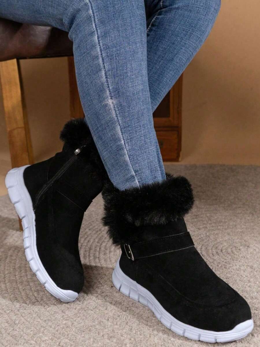 Women's Snow Boots With Buckle Decoration, Faux Suede And Teddy Fleece Lining, Simple Outdoor Sports Warm Snow Boots, Thick-Soled Short Snow Boots, Women's Flat Short Winter Fleece-Lined Warm Boots - 黑色 - 查看 1