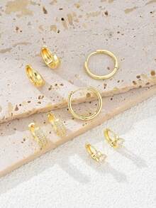 6/8 件金环耳环套装，铜质，镶嵌锆石，防过敏，小环，轻巧厚实的设计，时尚百搭，适合多个耳洞，非常适合约会、派对、婚礼、圣诞礼物 - 金黃色 - 查看 5