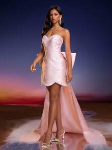 Women's Faux Pearl Backless Bow Decor Elegant Strapless Cocktail Dress - Hồng - Xem 6